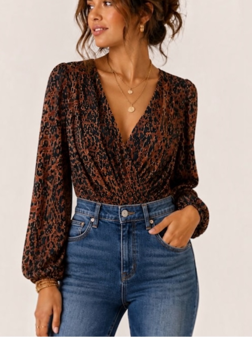 WAYF Leopard Print Long Sleeve Pleated Bodysuit Drapey V-Neck Chic Going Out Top